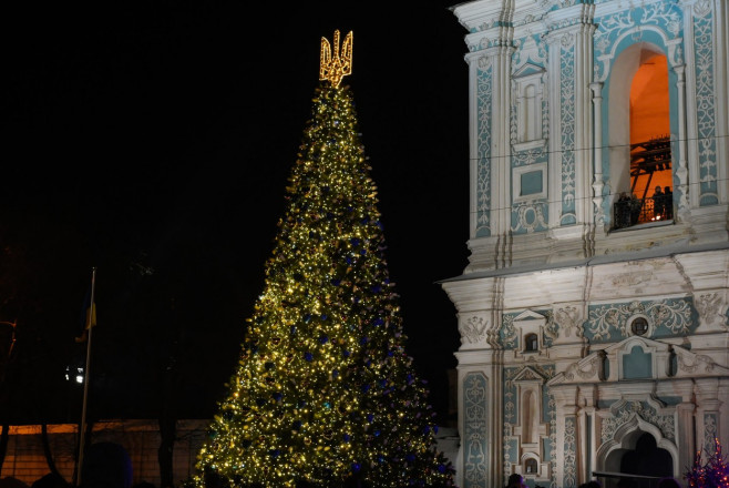 A Christmas tree seen installed at Sofiyivska Square in Kyiv, Ukraine - 06 Dec 2023