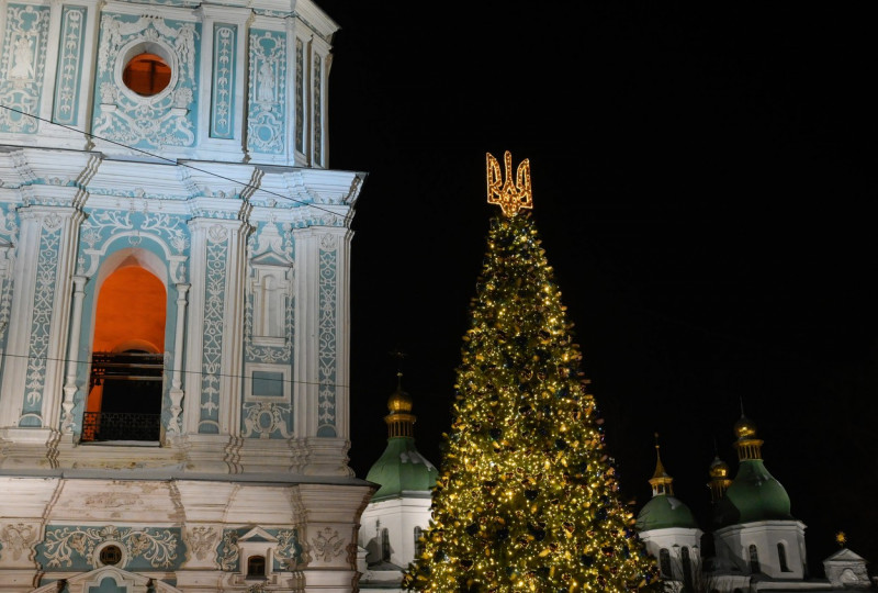 A Christmas tree seen installed at Sofiyivska Square in Kyiv, Ukraine - 06 Dec 2023