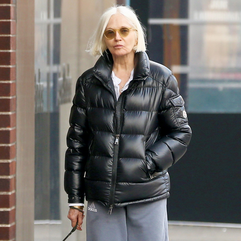 EXCLUSIVE: Ellen Barkin walks her dog make-up free in a puffer coat and Adidas sweatpants in West Village in New York City