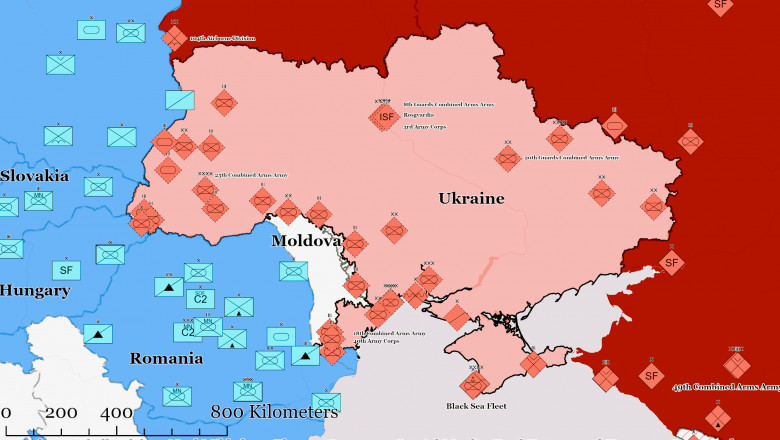 Scenariu cu trupe ruse la granița României, în caz de victorie a Rusiei în Ucraina. Sursa hartă: ISW