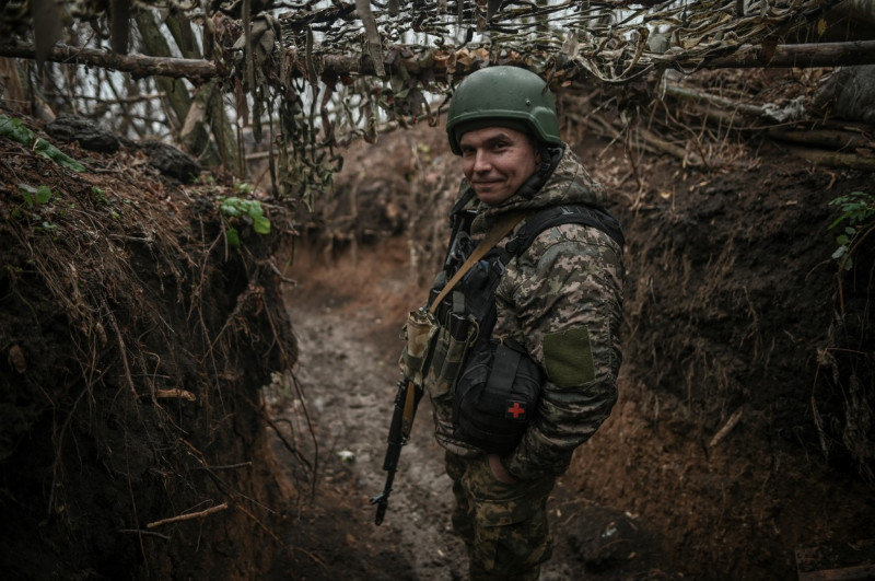 Donetsk Region, Ukraine: Ukrainian infantrymen of the 24th Mechanized Brigade man defensive trenches hundreds of meters from Russian military positions.