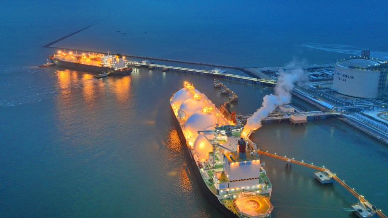TIANJIN, CHINA - DECEMBER 11: Aerial view of two liquefied natural gas (LNG) carriers being berthed at China s first two
