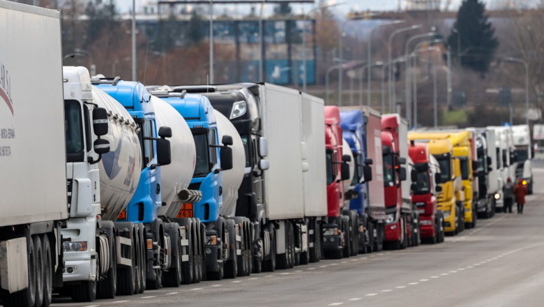 Trucks stand in a queue to cross the border in Medyka as Polish farmers strike and block truck transport in Medyka - border crossing between Poland and Ukraine