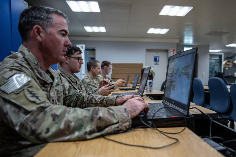 Soldiers from the 720th Explosive Ordnance Disposal, in Baumholder, Germany, train on the controls of an unmanned aircraft system (UAS) at the Joint Multinational Readiness Center, Hohenfels, Germany, Oct. 11, 2022, as a part of training for the KFOR 31 r
