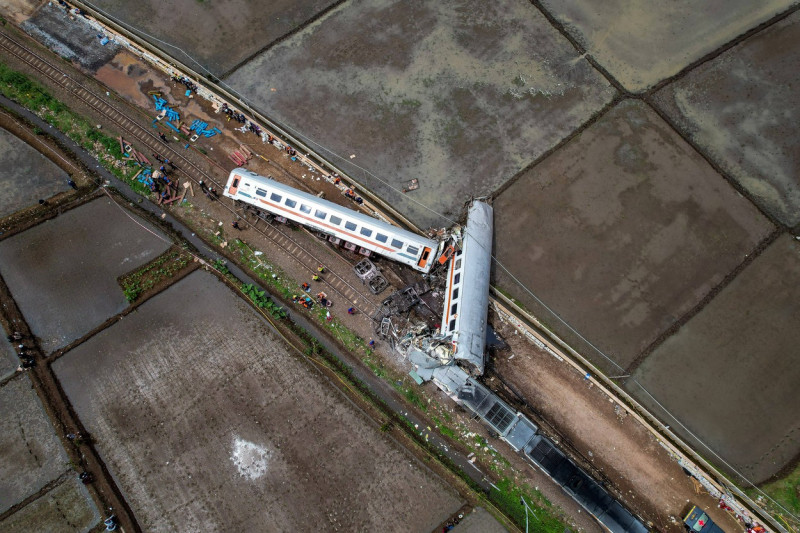 TRAIN ACCIDENT Aerial photo shows a view of two trains after they collided in Cicalengka, West Java, Indonesia January 5