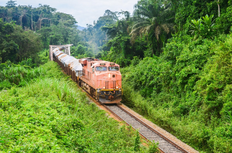 A freight train from ArcelorMittal carrying iron ore from the Nimba deposit to the port of Buchanan, Liberia
