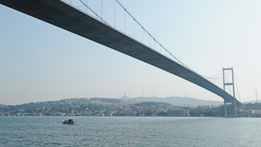 The Bosphorus Strait and the coastline with different buildings. A bridge connecting Europe and Asia