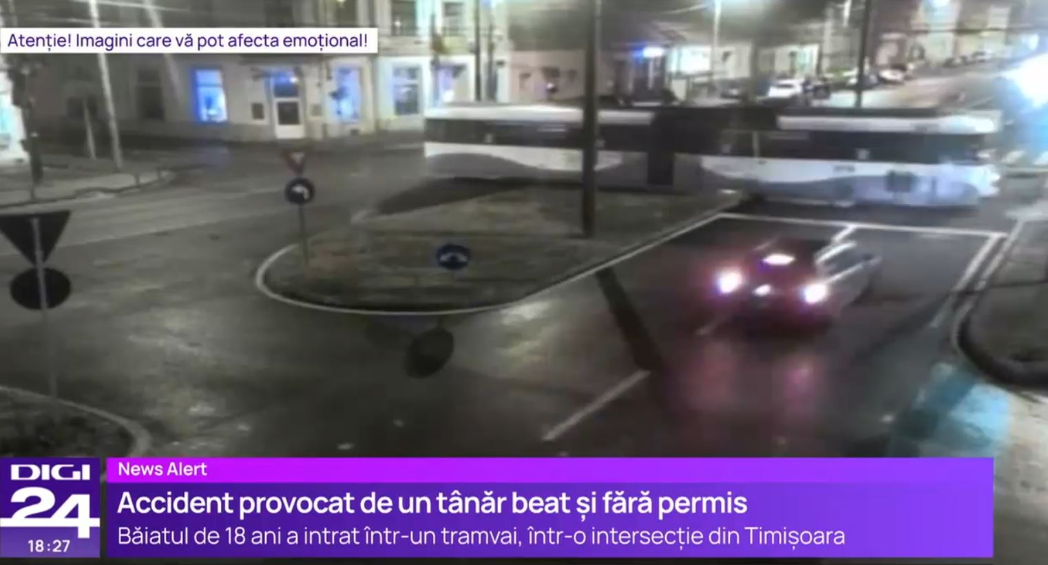 VIDEO Momentul în care o mașină se izbește violent de un tramvai în Timișoara. Era condusă de un tânăr de 18 ani beat și fără permis
