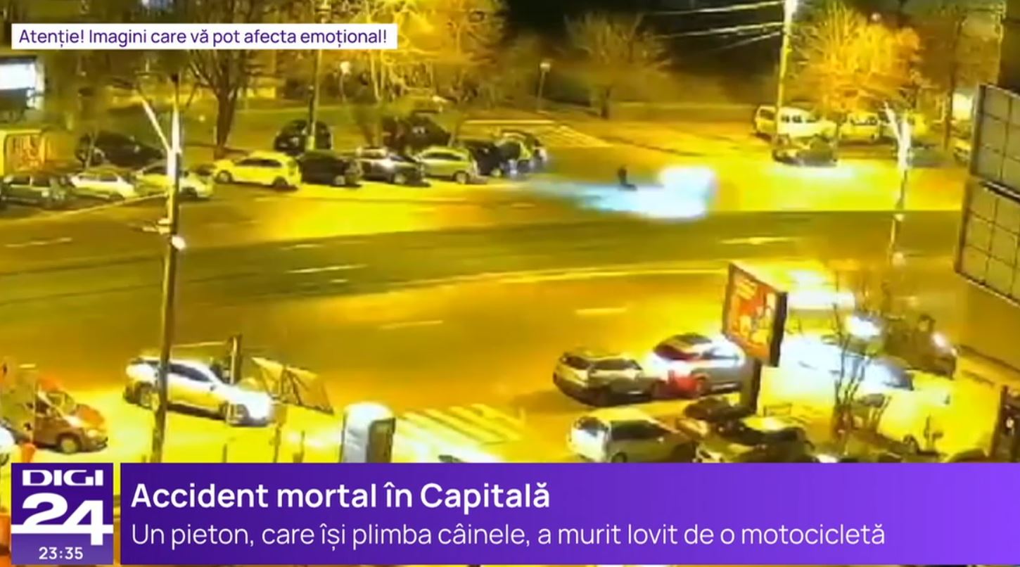 VIDEO Accident mortal în București: Un bărbat și câinele lui au murit, după ce au fost loviți din plin de o motocicletă