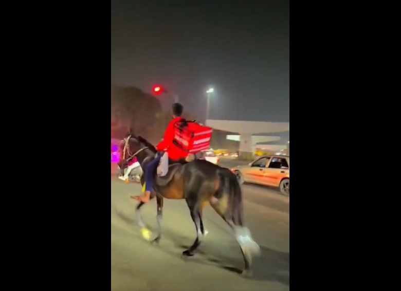Un curier indian s-a săturat să stea la coadă la benzină și a livrat mâncare călare pe cal