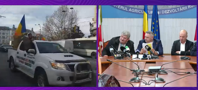 Protest în fața Ministerului Agriculturii în timpul conferinței lui Barbu. Trimiși acasă de ministru, fermierii amenință cu noi acțiuni