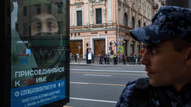 Moscow, Russia. 4th May, 2023. A poster promoting enroll people in the contract army and reading "Join yours" is seen on Tverskaya street in centrl Moscow, Russia