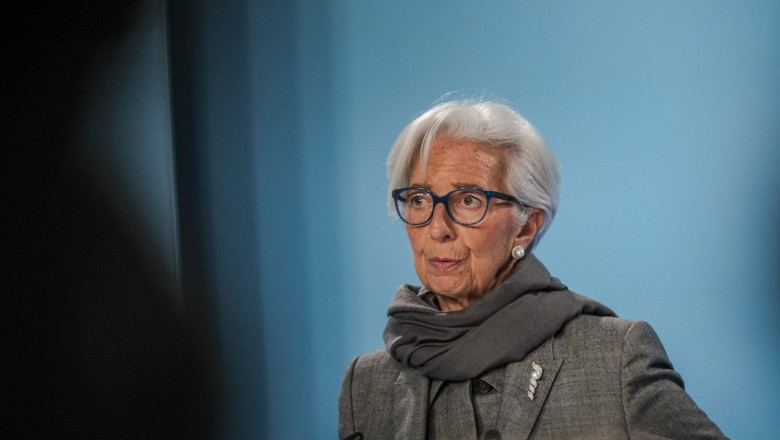 Christine Lagarde in timpul unei conferinte de presa in Frankfurt