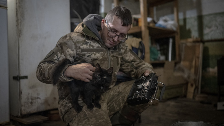 Un militar ucrainean mângâie o pisică neagră într-un buncăr pe linia frontului de la Avdiivka