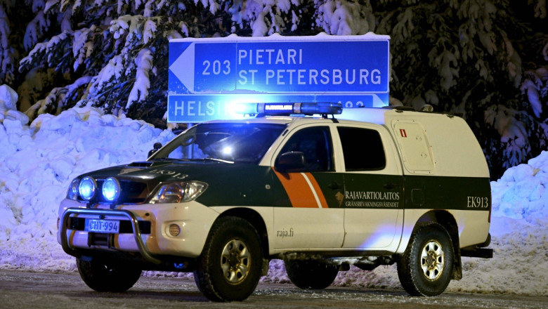 Patrol car of the Finnish border guard at the prematurely closed Vaalimaa border check point between Finland and Russia
