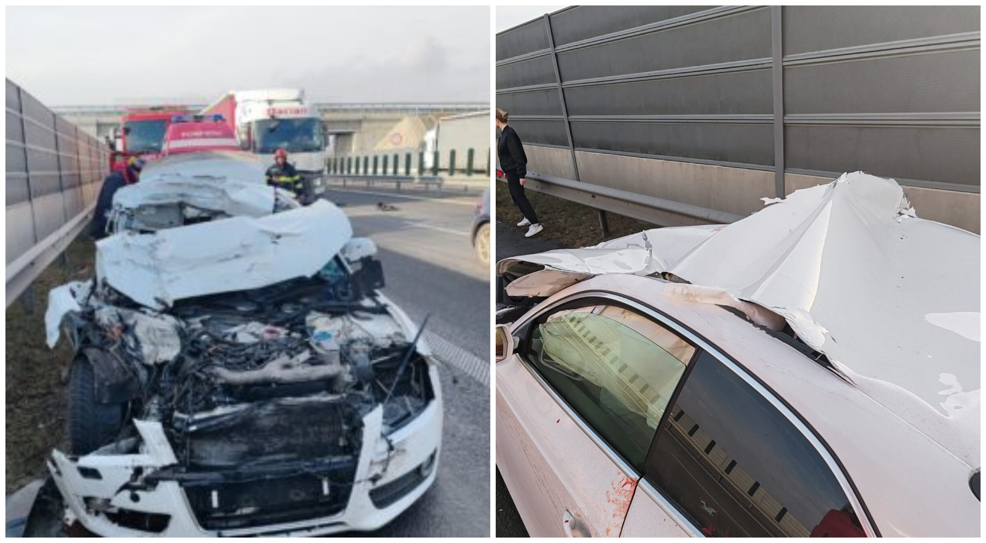 Un șofer a scăpat ca prin minune, după ce s-a izbit de un camion pe autostradă. Bărbatul a ieșit singur din mașină