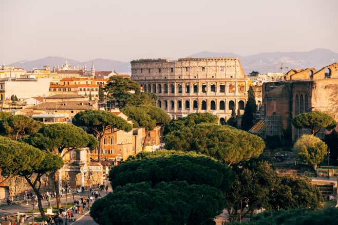 Rome skyline with Coliseum, aerial view, Lazio, Italy