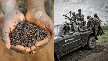 minereu de coltan în Africa / soldați urcați într-o mașină în Africa