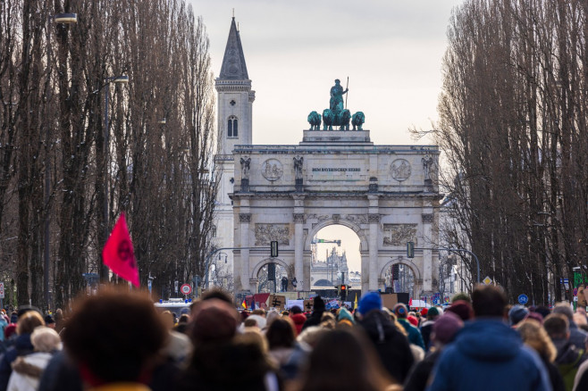 MUNICH, GERMANY - JANUARY 21, 2024: Joining protests against the AfD party across Germany, 250,000 people gathered in th