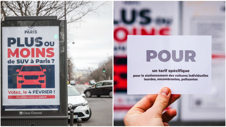 afiș cu referendum din Paris pentru taxarea triplă a parcării suv-urilor