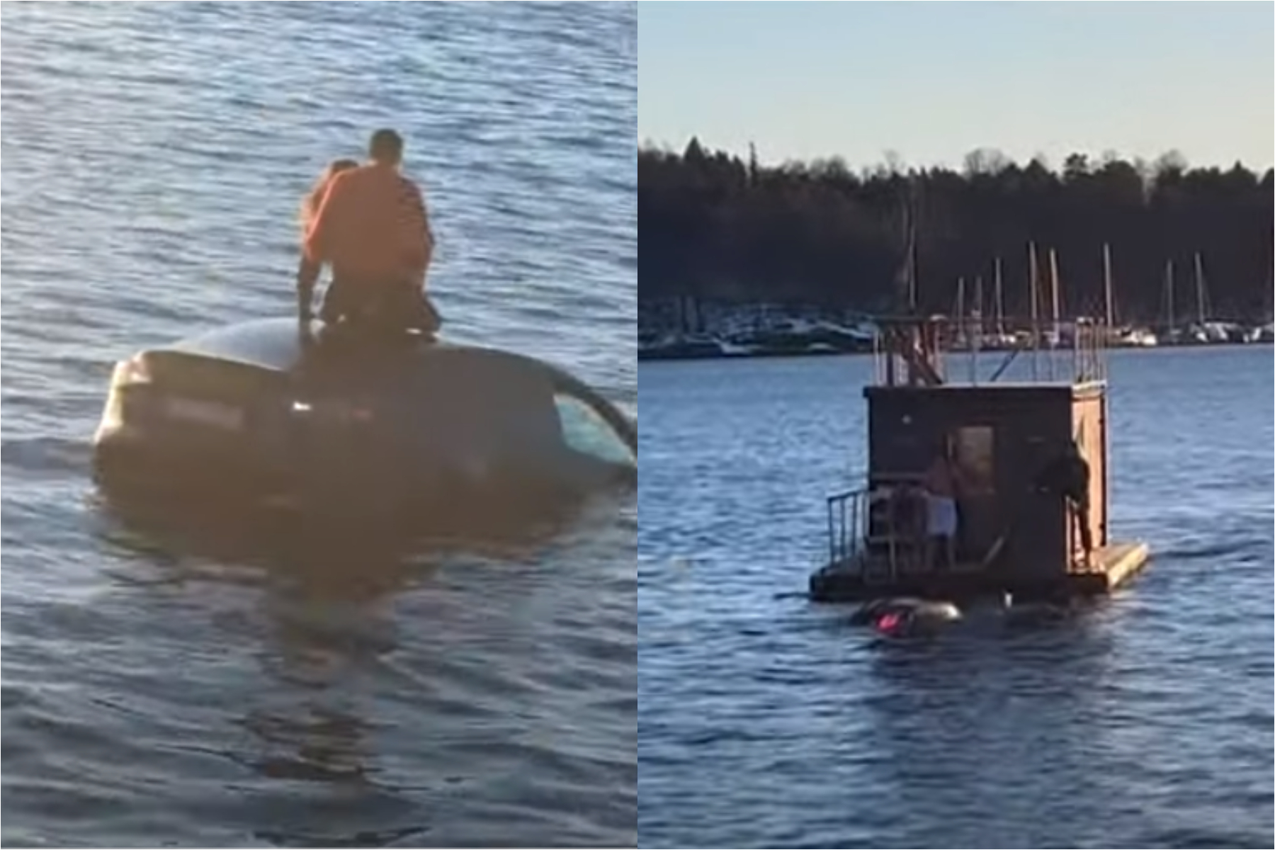 VIDEO Niște români au filmat momentul în care o Tesla a plonjat într-un fiord din Oslo. Pasagerii au fost salvați de o saună plutitoare