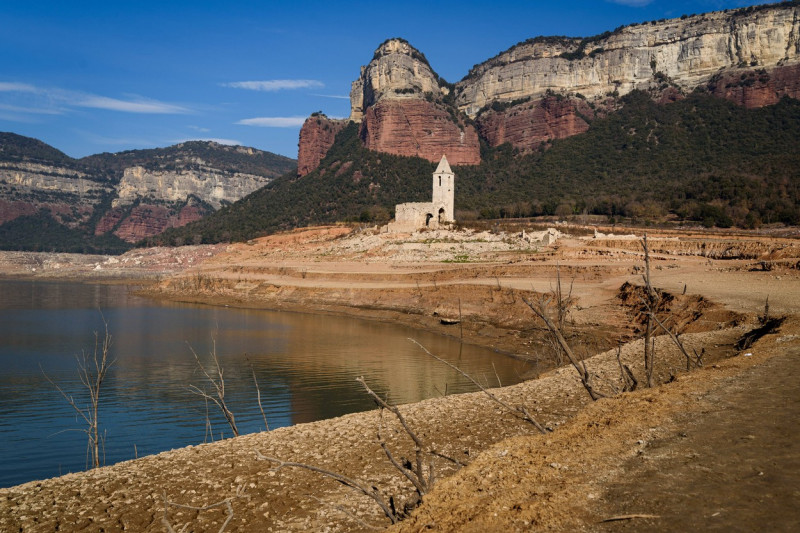 Sau water reservoir and drought in Vilanova de Sau, Spain - 2 Feb 2024