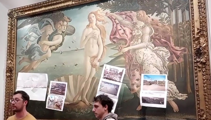 Italy, Florence: Members of Ultima Generazione, Last Generation climate civil-disobedience group - environmentalists - deface Botticelli's Venus at the Uffizi Gallery in Florence