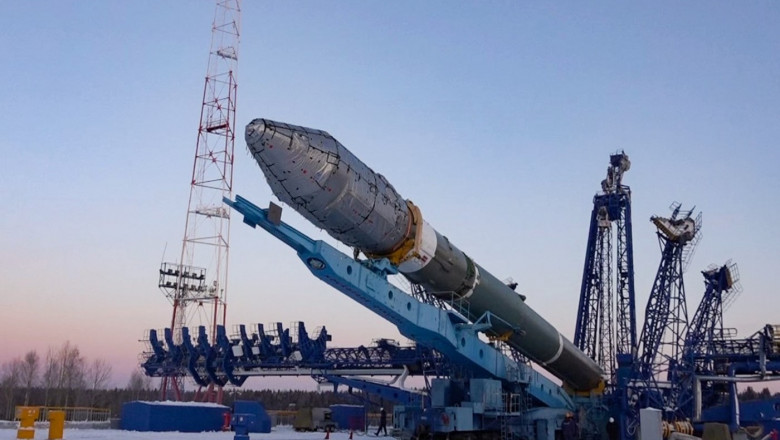 Soyuz-2.1v carrier rocket stands erect on its launch pad at the Plesetsk Cosmodrome