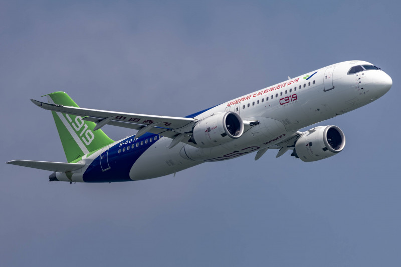 SINGAPORE, SINGAPORE - FEBRUARY 18: China s self-developed passenger jet C919 performs a rehearsal flight during a previ