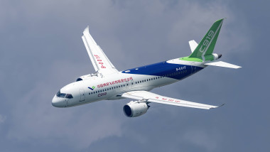 SINGAPORE, SINGAPORE - FEBRUARY 18: China s self-developed passenger jet C919 performs a rehearsal flight during a previ