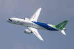 SINGAPORE, SINGAPORE - FEBRUARY 18: China s self-developed passenger jet C919 performs a rehearsal flight during a previ