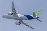 SINGAPORE, SINGAPORE - FEBRUARY 18: China s self-developed passenger jet C919 performs a rehearsal flight during a previ