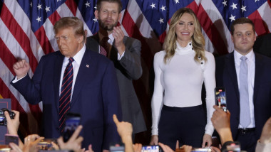 Donald Trump delivers remarks alongside Eric and Lara Trump during his primary night rally at the Sheraton on January 23, 2024 in Nashua, New Hampshire