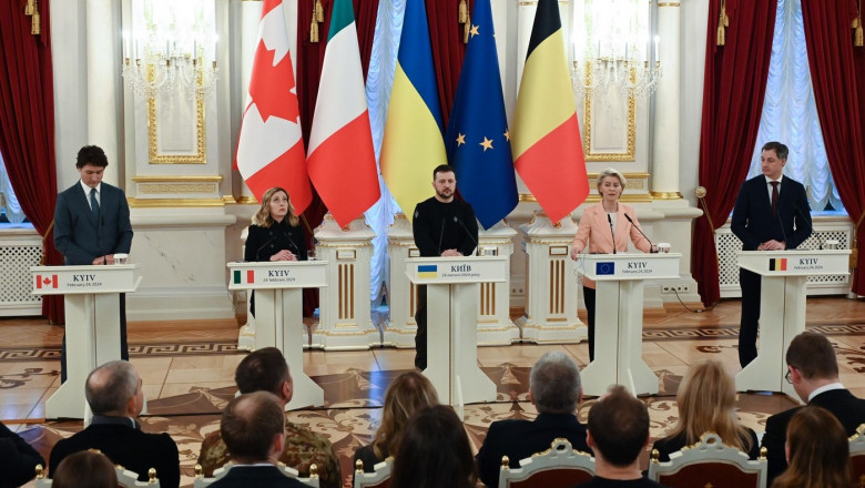 Prime Minister of Canada Justin Trudeau, Italy's Prime Minister Giorgia Meloni, President of Ukraine Volodymyr Zelensky, European Commission President Ursula von der Leyen, and Prime Minister of Belgium Alexander De Croo are participating in a joint media conference in Kyiv