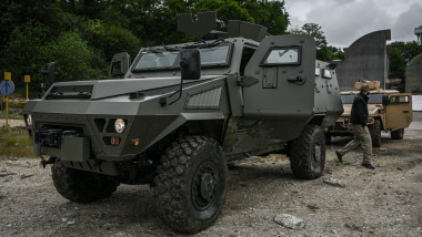 This picture taken on May 18, 2021 in Limoges shows a "Bastion" modular range of 12-tonne armoured vehicle of Arquus, a French company