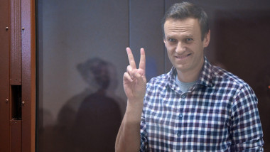 Aleksei Navalnîi face semnul victoriei din spatele unui geam