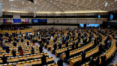 Brussels, Belgium. 25th Jan, 2024. Members of European Parliament stand for a moment of silence during a plenary session ahead of Holocaust Remembrance Day at the European Parliament in Brussels, Belgium on January 25, 2023. Credit: ALEXANDROS MICHAILIDIS
