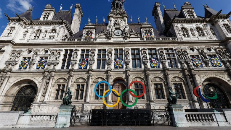 View of Olympic rings decorations in front of the Paris City Hall in the 4th district of Paris. France will host the 2024 Summer Olympics.