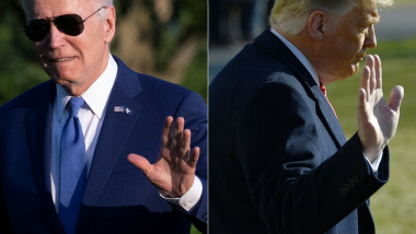 Colaj Biden și Trump care fac cu mâna în direcții diferite