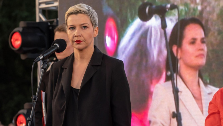 Minsk, Belarus - July 30, 2020: Maria Kolesnikova gives speech at Svetlana Tikhanovskaya (the main opposition candidate for upcoming presidential elections in Belarus) rally in Minsk.