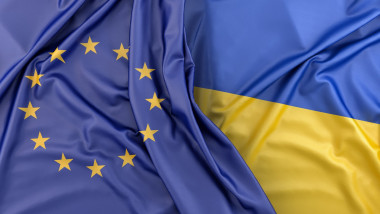 Ruffled Flags of European Union and Ukraine. 3D Rendering