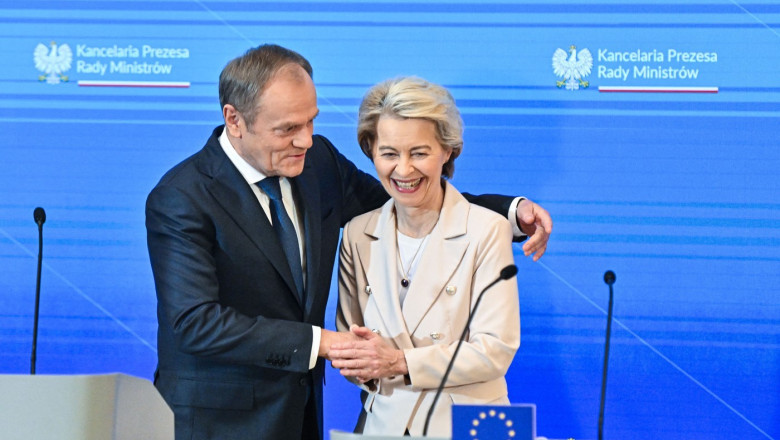 Poland's Prime Minister, Donald Tusk (L) and the EU Commission President, Ursula von der Leyen (R) after the press statement