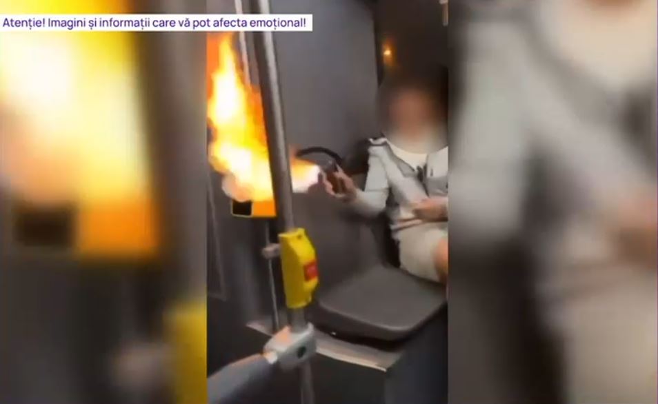 VIDEO Gest periculos într-un autobuz din București: Mai mulți adolescenți au transformat un spray într-un aruncător de flăcări