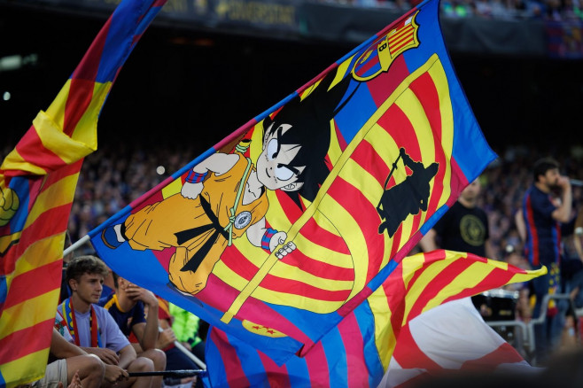 Barcelona, Spain. 27th Apr, 2023. View of a Dragon Ball FC Barcelona flag during the Uefa Women's Champions League match between FC Barcelona Women and Chelsea FC at the Spotify Camp Nou in Barcelona, Spain. Credit: Christian Bertrand/Alamy Live News