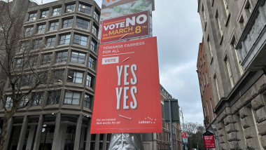 posters in support of voting yes and no are seen in dublin for irish family referendum