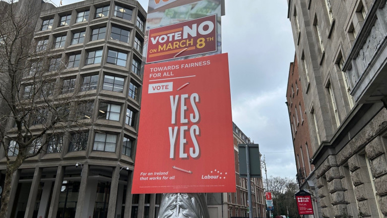 posters in support of voting yes and no are seen in dublin for irish family referendum