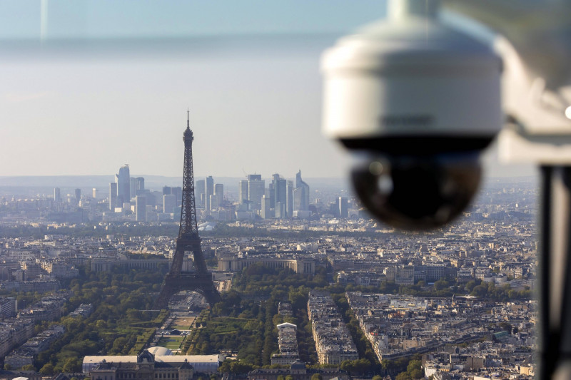 Paris, France September 7, 2023 - View Of Paris - View of a CCTV camera with the Eiffel Tower in the background VUE DE P