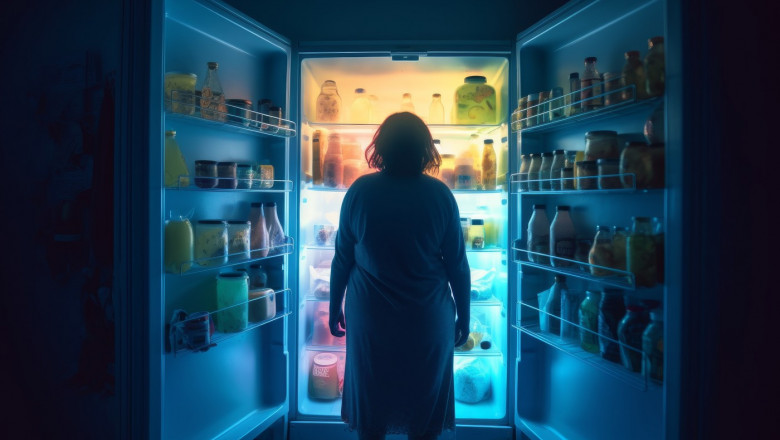 femeie în fața unui frigider deschis ilustrație