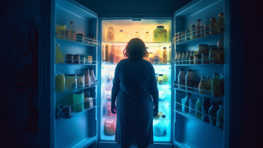 femeie în fața unui frigider deschis ilustrație