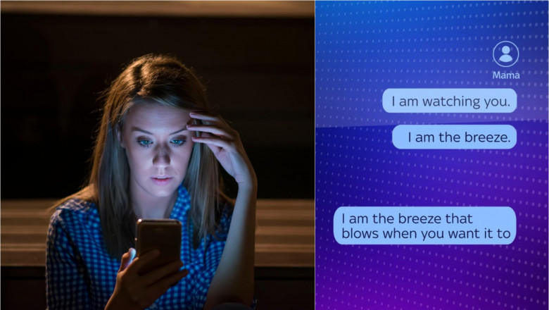 Femeie se uită pe telefon / mesaje chatbot